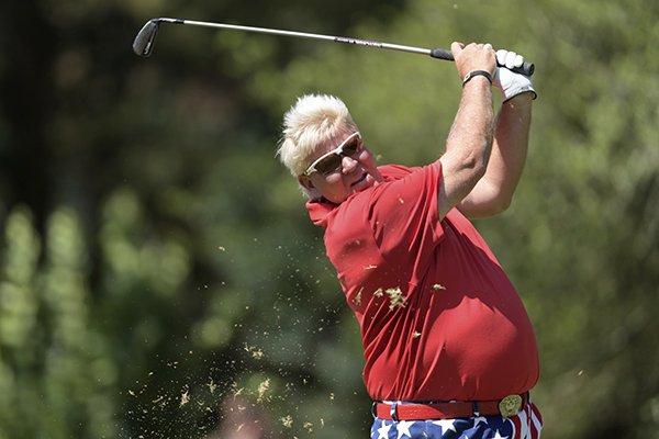 John Daly teeing off from the 17th tee during the third round of the Insperity Invitational golf tournament on Sunday, May 7, 2017, in The Woodlands, Texas. (Wilf Thorne/Houston Chronicle via AP)

