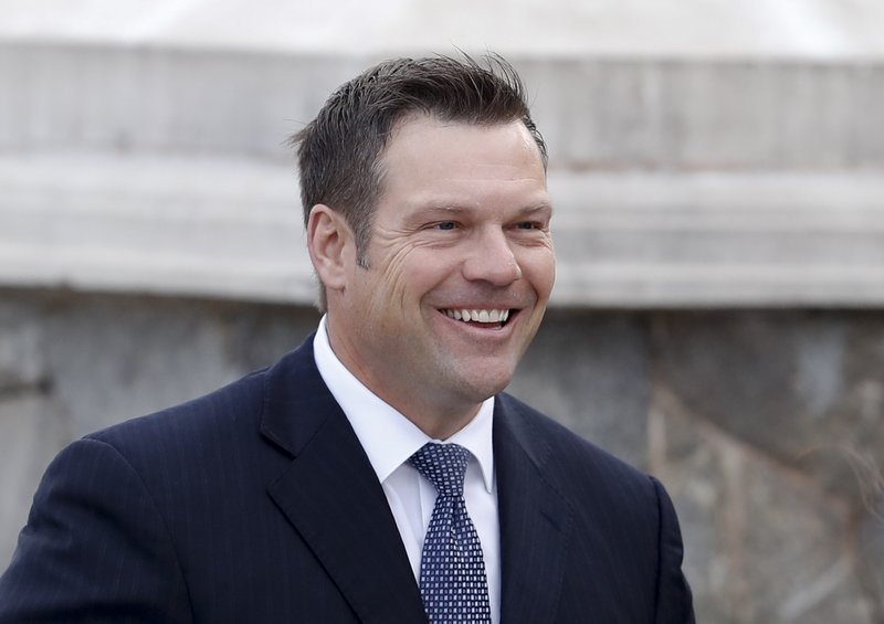 In this Nov. 20, 2016 file photo, Kansas Secretary of State, Kris Kobach is seen in Bedminster, N.J. 