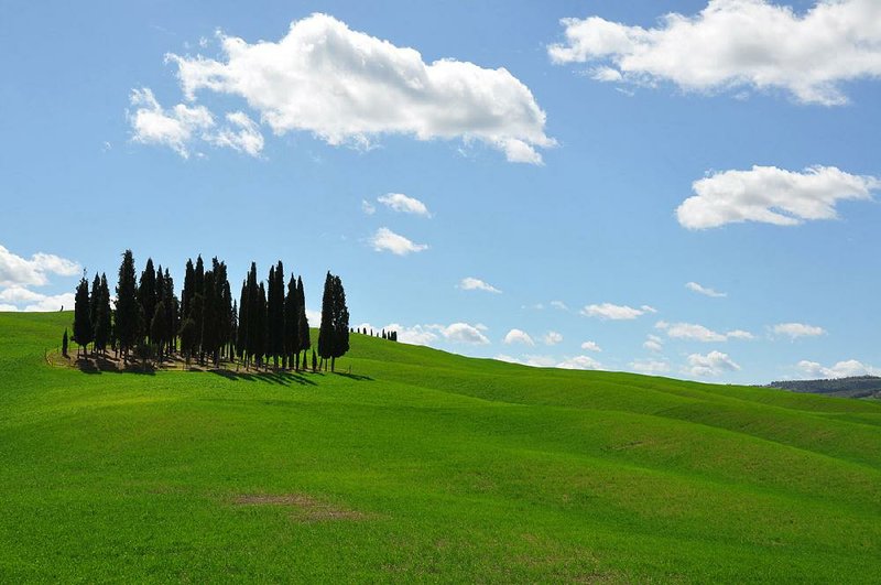 The Tuscan countryside is a confection of green hills and blue sky.
