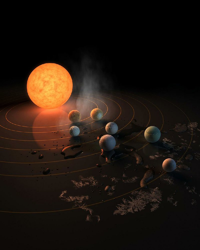 An artist’s rendering depicts the seven planets in the Trappist-1 system. Locked in close but well-tuned orbits, they avoid the “seeds of chaos in planetary systems.”