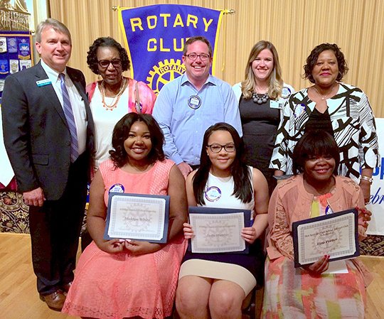 Submitted photo Interact Club Scholars who received awards from Hot Springs National Park Rotary Club were front, from left, Makya White, a senior at Arkansas School for Mathematics, Sciences, and the Arts who plans to attend Baylor University and major in Nursing; Jada Hunter, ASMSA, University of Central Arkansas, Political Science; Tira Porterf, Hot Springs High School, Louisiana Tech University, Criminal Justice. The club presented a total of $17,000 in its annual scholarship awards April 26 during its weekly luncheon at the Arlington Resort Hotel & Spa. Back, from left, are club President Gary Troutman, ASMSA Interact Club sponsor Ernestine Ross, Interact co-chairs Ronnie Allison and Caroline Finney, and Cheryl Stafford, Hot Springs Interact Club sponsor.