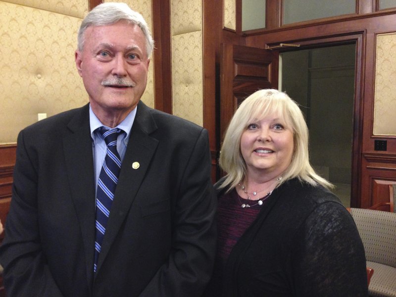 In this May 1, 2017 photo, Dr. Tricia Derges, right, stands with Missouri Rep. Lynn Morris after they testified in support of legislation expanding eligibility for Missouri's assistant physician law at a Senate committee hearing at the state Capitol in Jefferson City, Mo.