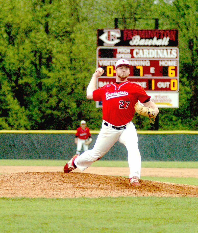 MARK HUMPHREY ENTERPRISE-LEADER Farmington senior pitcher Tyler Gregg winds up before uncorking a pitch. The Cardinals beat Harrison, 15-3, in the 5A West consolation game Saturday. The win places Farmington as a No. 3 seed taking on a No. 2 seed, Batesville, in the 5A State Baseball tournament Thursday at 5:30 p.m. at Jacksonsville.