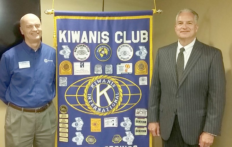 Photo submitted Siloam Springs Kiwanis Club President Steve Onnen, left, welcomed Arkansas State Treasurer Dennis Milligan at this club&#8217;s meeting on May 10. Milligan gave a brief recap on what his office has done since being elected, along with explaining the Arkansas 529 College Plan. Arkansas State Representative Robin Lundstrum will be the guest speaker on May 17. The Kiwanis Club meets from noon to 1 p.m. each Wednesday in the Dye Conference Room at John Brown University.