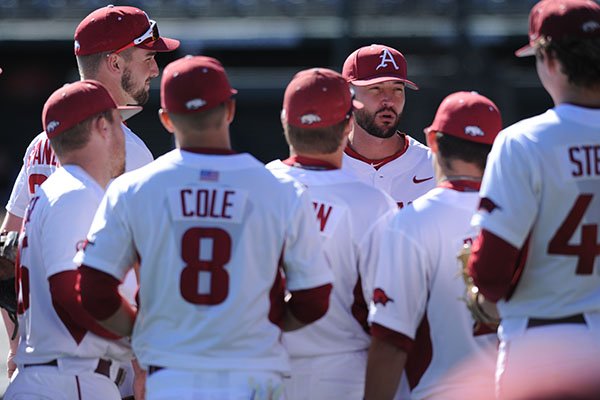 Arkansas assistant coach Tony Vitello speaks to his team against Bryant Friday, Feb. 24, 2017, during the inning at Baum Stadium in Fayetteville. 
