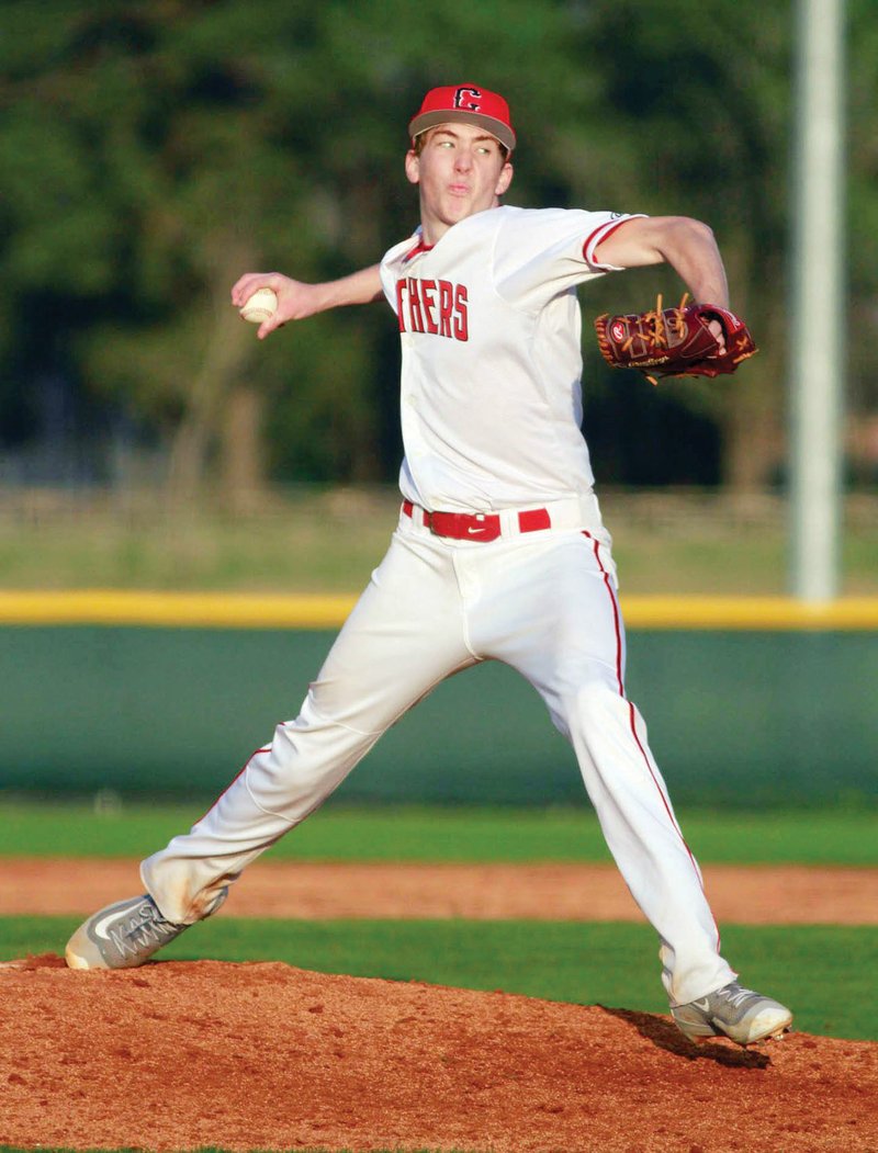 Cabot senior pitcher Logan Gilbertson delivers a pitch during the Panthers’ win over Conway earlier this season. Gilbertson and his Panthers will play Springdale Har-Ber in the Class 7A state-title game at 10 a.m. Friday at Baum Stadium in Fayetteville.