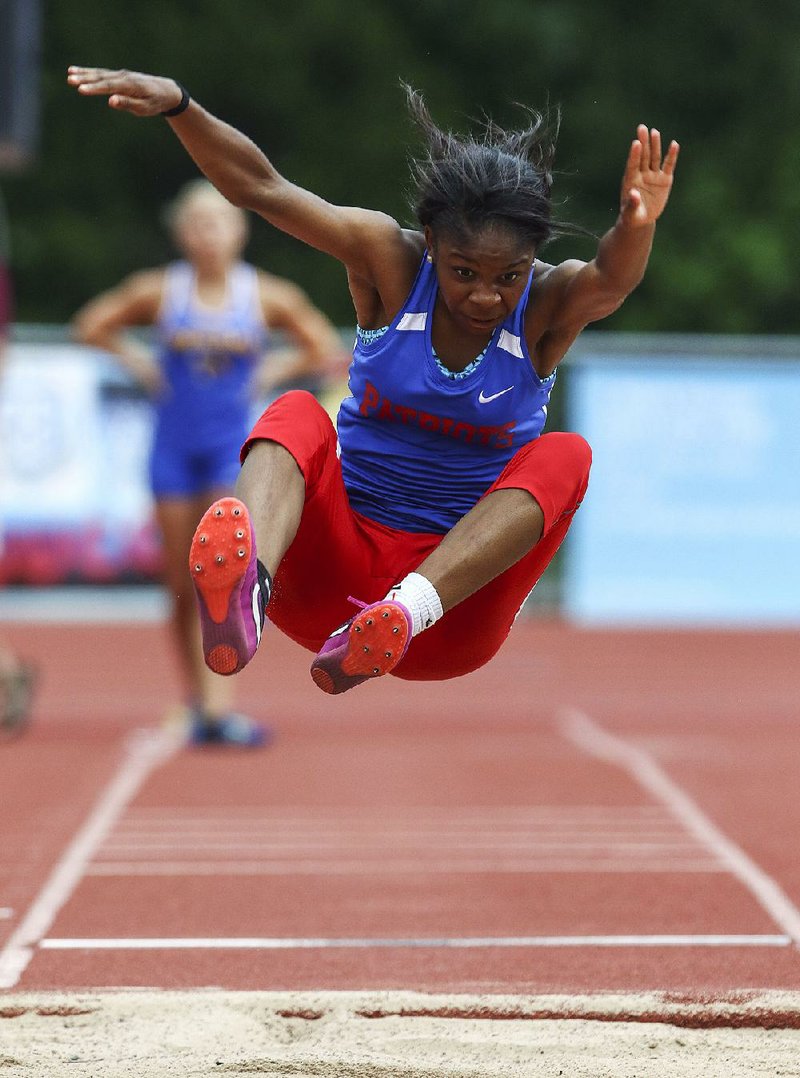 Johnaya Givens of Little Rock Parkview jumped 18 feet, 4 1/2 inches to win the long jump at the state high school heptathlon Wednesday at Cabot High School. Givens finished the day in second place behind Clinton’s Allie Hensley. 