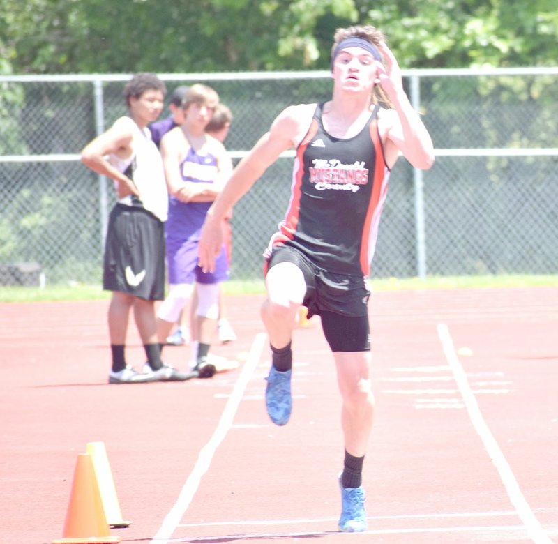 Photo by Rick Peck McDonald County&#8217;s Shane Russo took fifth place in the triple jump at Saturday&#8217;s Missouri Class 4 District 6 Track and Field Championships to just miss qualifying for this week&#8217;s sectional meet.