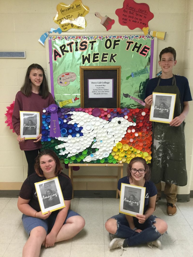 SWC school and Ms. Smith are very proud to present the Artists of The Week! These eighth-grade students also won Best of Show at the recent Fine arts night in SWC for this &quot;Dove Lid Collage&quot; pictured. Seated (left to right): Fayth Olin, Jordan Heins. Standing (left to right): Sydney Killion, Luke Kitlen