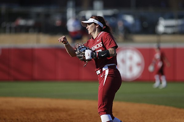 Arkansas infielder Madison Yannetti throws the ball during a game against Nebraska on Friday, March 3, 2017, at Bogle Park in Fayetteville.