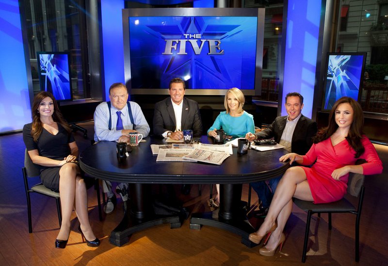 This July 1, 2013, file photo shows, Kimberly Guilfoyle, from left, Bob Beckel, Eric Bolling, Dana Perino, Greg Gutfeld and Andrea Tantaros co-hosts of Fox News Channel's "The Five," after a taping of the show in New York. 