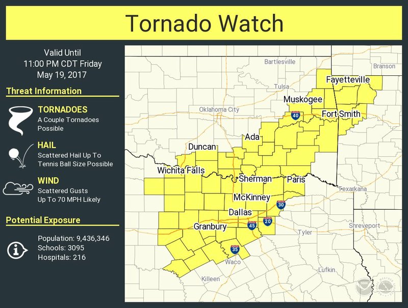 A tornado watch is in effect until 11 p.m. Friday for portions of Northwest Arkansas, according to the National Weather Service in Tulsa.