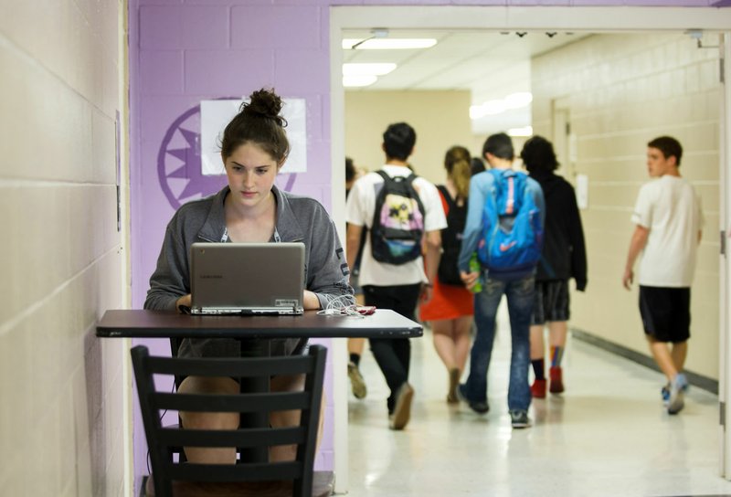 Kieleigh Williams, a Pea Ridge junior, works on her computer Wednesday in the halls of Pea Ridge High School. Voters in the district voted against a 5.1-mill increase.