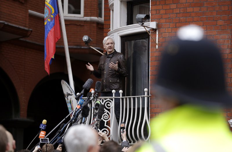 WikiLeaks founder Julian Assange speaks on the balcony of the Ecuadorian embassy, in London, Friday May 19, 2017. 