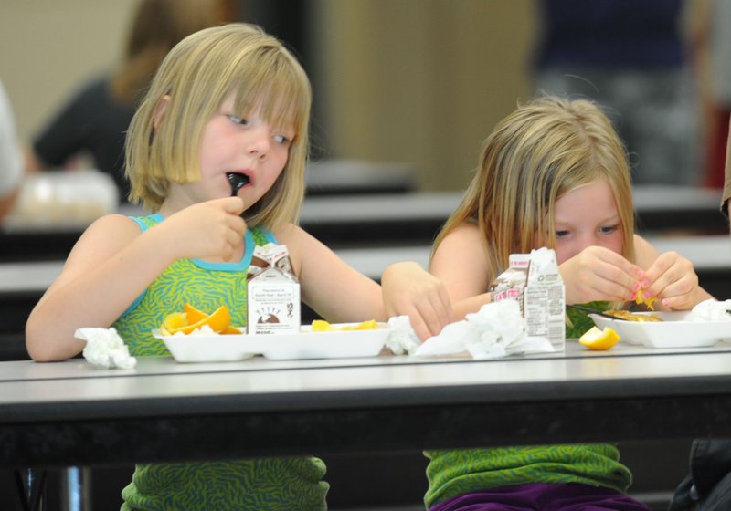 Twin sisters enjoy a meal at the summer lunch program provided by Fayetteville Public Schools.