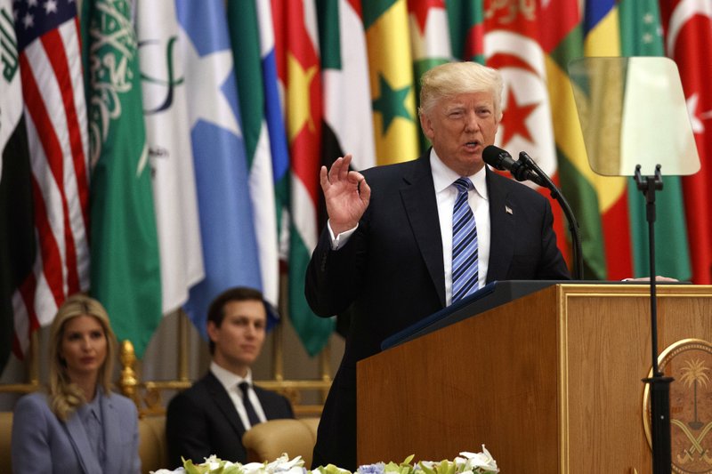 President Donald Trump delivers a speech to the Arab Islamic American Summit, at the King Abdulaziz Conference Center, Sunday, May 21, 2017, in Riyadh, Saudi Arabia. 