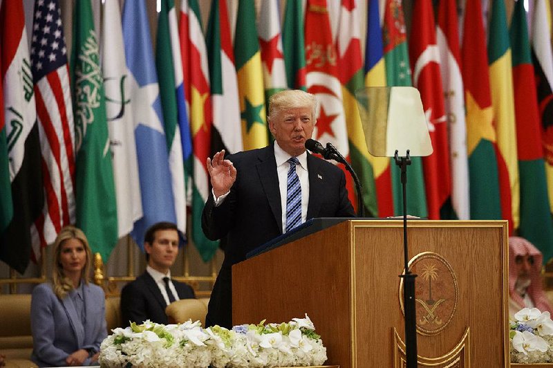 President Donald Trump speaks at the Arab Islamic American Summit at the King Abdulaziz Conference Center on Sunday in Riyadh, Saudi Arabia.