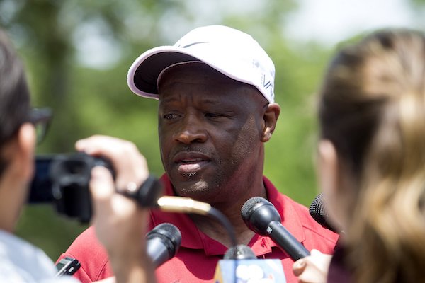 Arkansas men's basketball coach Mike Anderson speaks with members of the media during his celebrity golf tournament Monday, May 22, 2017, at Shadow Valley Country Club in Rogers. 