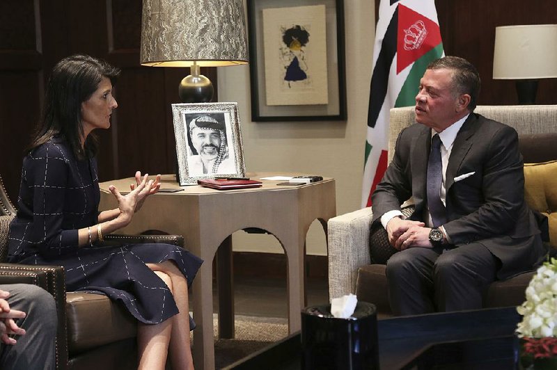 Nikki Haley, the U.S. ambassador to the United Nations, meets with King Abdullah II of Jordan on Monday at the Husseiniyeh Palace in Amman.