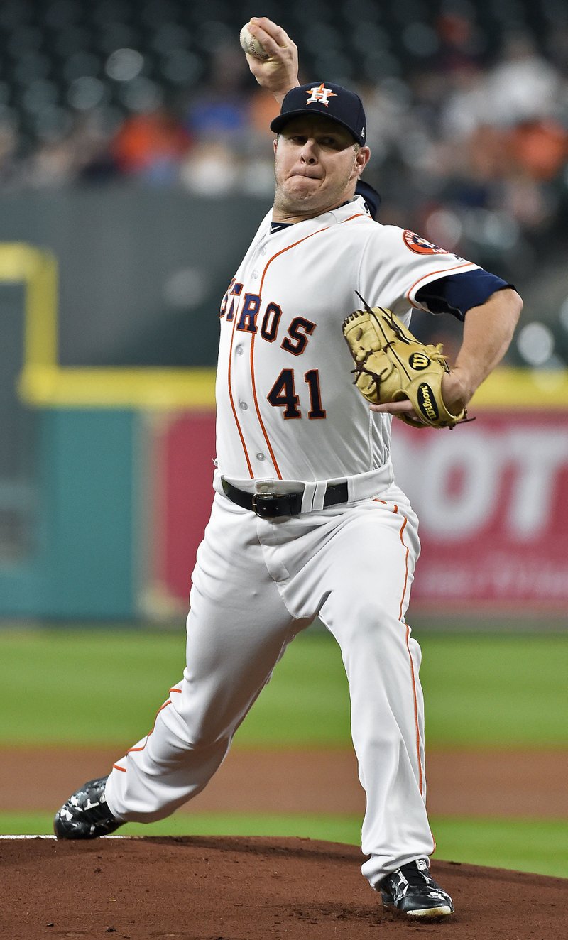 Houston Astros relief pitcher Brad Peacock delivers during the first inning of a baseball game against the Detroit Tigers, Monday, May 22, 2017, in Houston. 