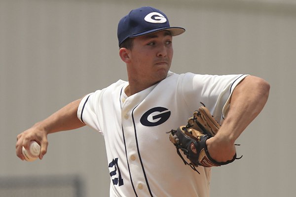 Greenwood pitcher Connor Noland throws during a Class 6A State Tournament game against Sheridan on Monday, May 15, 2017, in Benton. 