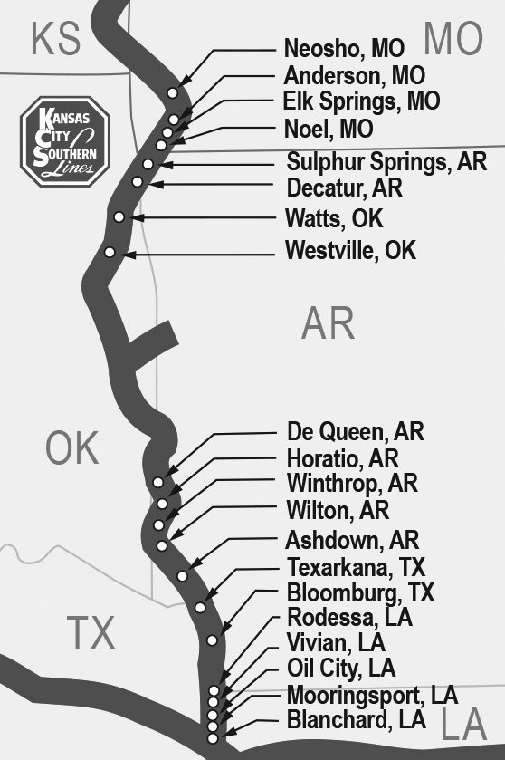 Kansas City Southern Railway plans repairs at the points above on its line between Kansas City and the Gulf of Mexico.