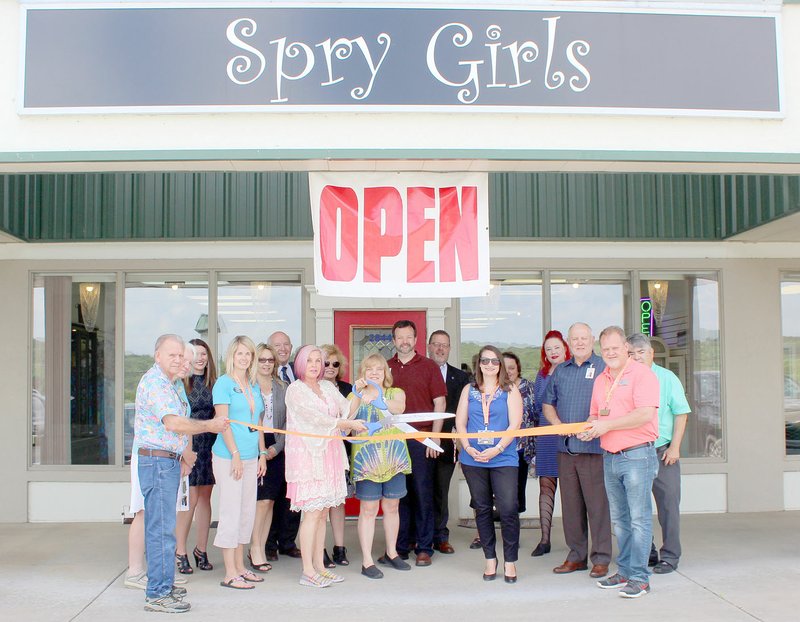 Keith Bryant/The Weekly Vista Bella Vista business association members, Bella Vista officials and Greater Bentonville Area Chamber of Commerce members stand with Nancee Spry and Lisa Spry as they cut the ribbon at their shop&#8217;s grand opening.