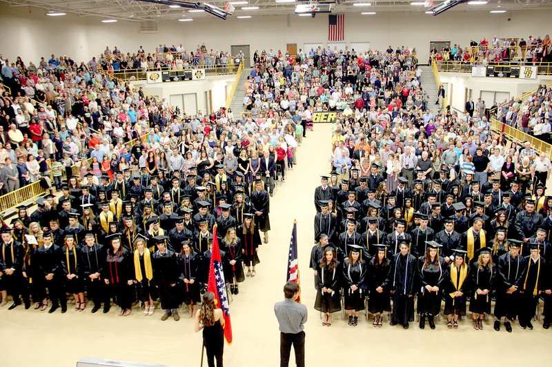 With a weather forecast of rain on Saturday, Prairie Grove High School made the decision to move its 2017 Commencement ceremony from Tiger Stadium to Tiger Arena. The basketball gym was standing-room-only as parents, grandparents, school staff and teachers, friends and others joined to celebrate the occasion.