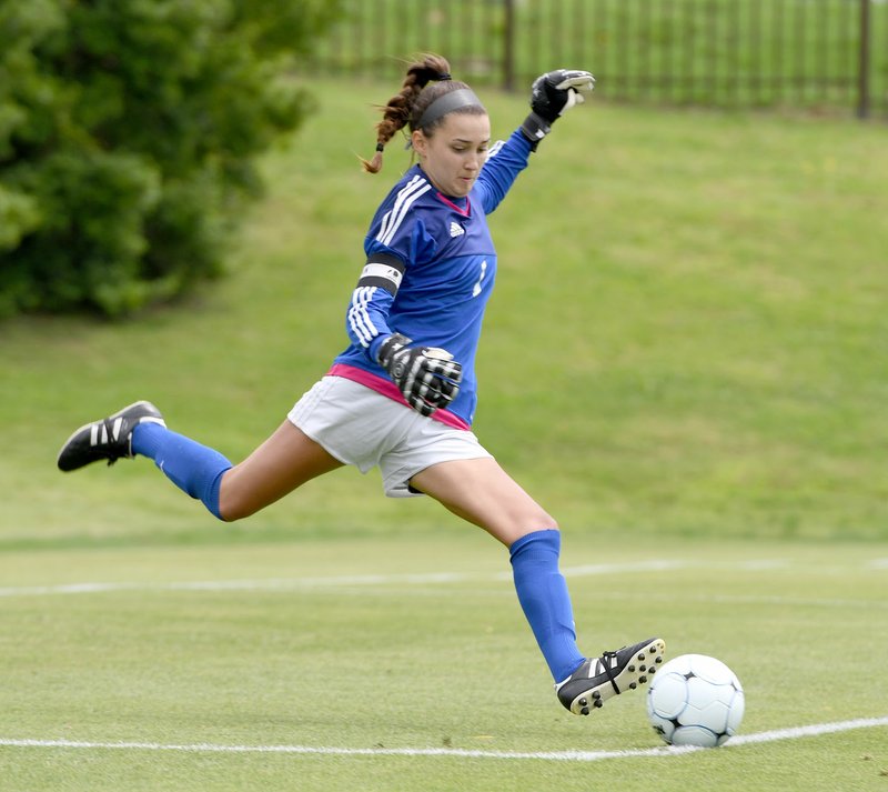 Bud Sullins/Special to the Herald-Leader Siloam Springs senior goalkeeper Anna Claire Lewis kicks away a goal kick during the Class 6A state finals at Razorback Field in Fayetteville. Lewis finished her career with four straight state soccer championships at Siloam Springs.