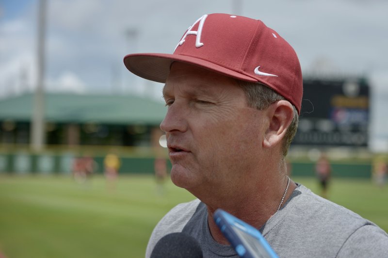 Dave Van Horn, Arkansas head coach, talks to the press Tuesday, May 23, 2017, during practice at Jerry D. Young Memorial Field on the campus of UAB in Birmingham, Ala. 
