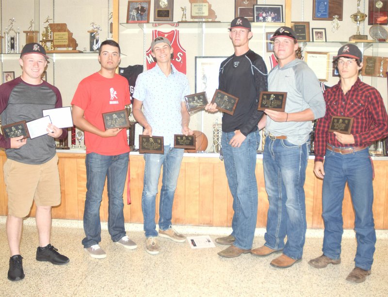 Photo by Rick Peck The 2017 baseball awards banquet was held May 19 at McDonald County High School. Receiving awards were, from left to right: Emanuel Baisch, A.J. Madewell, Brandon Burt, Tyler Sellers, Jaime Hanke and Jordan Platter. Player Grant Cooper not present for the photo.
