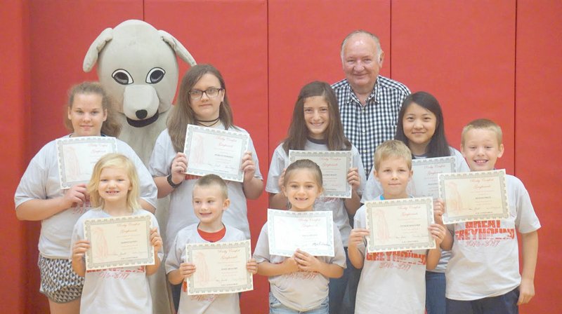 Photo submitted Jamie Haase Recipients of the Great Greyhound award based on the daily habit of &#8216;Sharpen the Saw&#8217; &#8212; meaning to take care of yourself as well as others, were recently announced during an assembly. The school thanks G&amp;L Janitorial service for sponsoring the Great Greyhound assembly this month. Honored students are: front row from left. Dawsyn Jones, Kindergarten; Isaac McGuire, Pre-K; Macie Ruhl, 1st Grade; Tucker Holcomb,3rd Grade; Keigan Price. 2nd Grade; middle row from left, Katie Sue Malin, 8th Grade; Morgan Periman, 6th Grade; Alexes Wood, 5th Grade; Hlilana Yang, 7th Grade; and, back row from left, Rocky, tje school mascot; and Mr. George, Owner of GandL Janitorial Service.