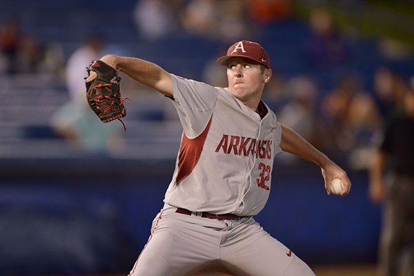 Arkansas pitcher Matt Cronin throws during a game against Auburn on Thursday, May 25, 2017, at the SEC Tournament in Hoover, Ala.	