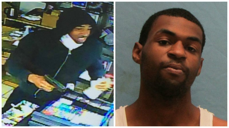 A gun-wielding assailant (left) is seen in surveillance camera during a robbery May 8 at the A-Z Hess at 4614 E. Broadway in North Little Rock. At right, 20-year-old Joseph Hayes has been charged in that robbery as well as three others recently in North Little Rock. 