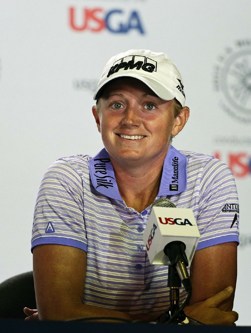 Stacy Lewis responds to questions during a news conference for the U.S. Women's Open golf tournament at Lancaster Country Club Tuesday, July 7, 2015, in Lancaster, Pa. 