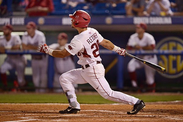 Arkansas outfielder Dominic Fletcher hits a home run during an SEC Tournament game against Mississippi State on Friday, May 26, 2017, in Hoover, Ala. 