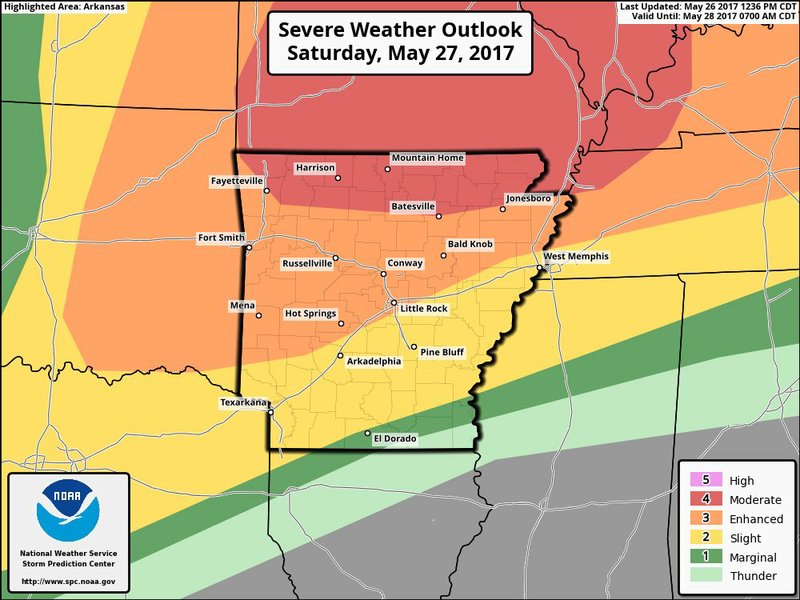 The northern half of Arkansas faces an enhanced-to-moderate risk for severe weather Saturday, according to the National Weather Service. By Sunday morning, much of the state will still face a slight risk for storms.