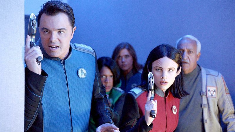 Star Trek spoof The Orville is on the Fox fall schedule. It stars (from left) Seth MacFarlane, Penny Johnson Jerald, Adrianne Palicki, Halston Sage and guest star Brian George.
