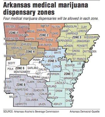 A map showing Arkansas medical marijuana dispensary zones