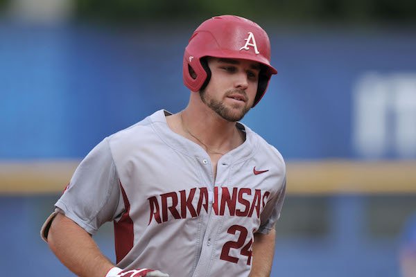 Chad Spanberger, Arkansas first baseman, rounds the bases after hitting a home run in the 2nd inning against Florida Saturday, May 27, 2017, during the semifinals of the SEC Tournament at Hoover Metropolitan Stadium in Hoover, Ala. 
