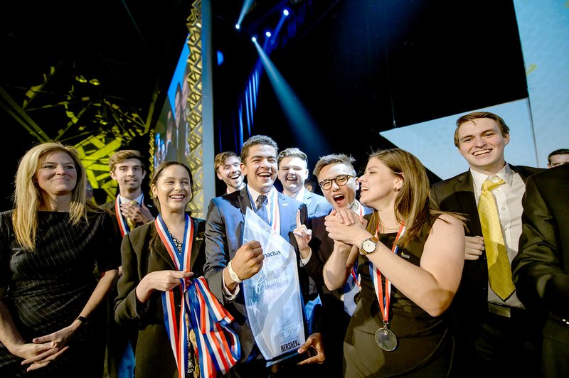 Photo submitted Enactus JBU students Nate Wertjes, Marcela Funez, Andrew Brott, Humberto Smith, Tyler Estes, Nick Le, Ale Figoni and Luke Powers celebrated their win as Enactus U.S. National Champions.