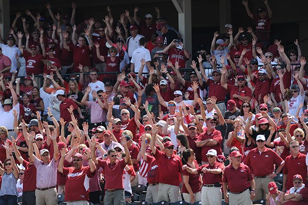 A record crowd calls the Hogs while watching Arkansas and Missouri State Friday, June 5, 2015, during the NCAA Super Regional at Baum Stadium in Fayetteville.
