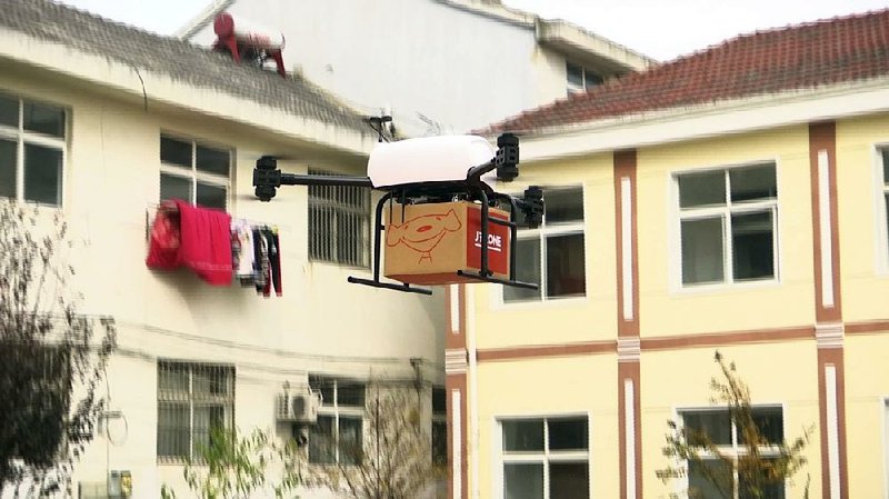 A JD.com drone takes off last year from Tiantong’an village in eastern China’s Jiangsu province.