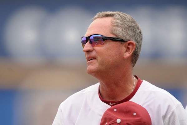 Dave Van Horn, Arkansas head coach, takes part in team introductions Sunday, May 28, 2017, during the SEC Tournament Championship game against LSU at Hoover Metropolitan Stadium in Hoover, Ala. 