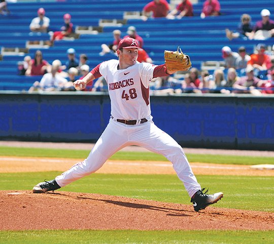 NWA Democrat-Gazette/Ben Goff STRONG STARTER: Arkansas starting pitcher Trevor Stephan throws to a Mississippi State batter Thursday during game eight of the SEC Tournament at Hoover Metropolitan Stadium in Hoover, Ala. Stephan or Blaine Knight is expected to start Friday against Oral Roberts University in the opening round of the Fayetteville Regional.