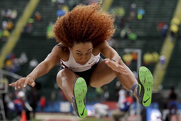 Taliyah Brooks competes during the heptathlon long jump at the U.S. Olympic Track and Field Trials, Sunday, July 10, 2016, in Eugene Ore.(AP Photo/Matt Slocum)