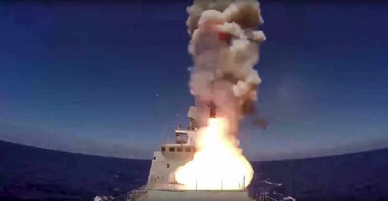 The Admiral Essen, a Russian navy frigate in the Mediterranean Sea, launches a cruise missile at Islamic State targets near Palmyra, Syria, in this photo provided Wednesday by the Russian Defense Ministry. The Defense Ministry said the airstrikes targeted ISIS fighters and heavy weaponry that were heading for Palmyra.