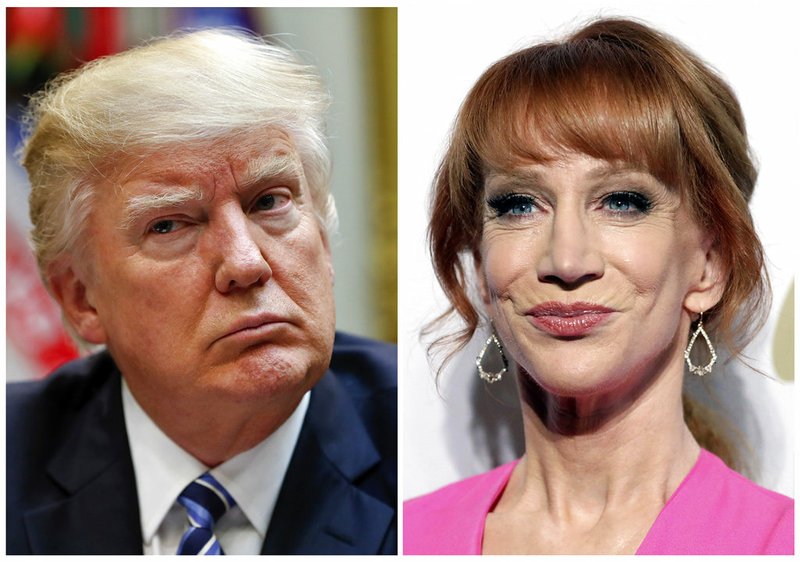 In this combination photo, President Donald Trump appears in the White House in Washington on March 13, 2017, left, and comedian Kathy Griffin appears at the Clive Davis and The Recording Academy Pre-Grammy Gala in Beverly Hills, Calif., on Feb. 11, 2017.