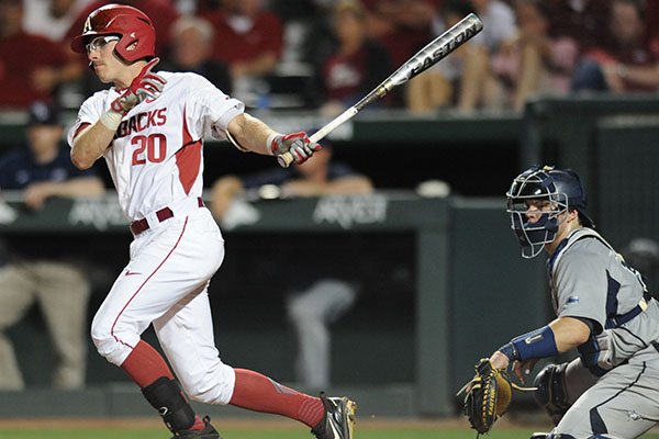 Arkansas second baseman Carson Shaddy bats during an NCAA Tournament game against Oral Roberts on Friday, June 2, 2017, in Fayetteville. 