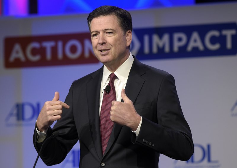 In this May 8, 2017, photo, then-FBI Director James Comey speaks to the Anti-Defamation League National Leadership Summit in Washington. Could President Donald Trump keep Comey from testifying to lawmakers about their private conversations? The White House appears to be considering raising the issue of executive privilege, but Trump may have a weak case for claiming that his conversations with Comey should be considered private, especially since the president himself has commented publicly about the circumstances surrounding Comey&#x2019;s May 9 firing.(AP Photo/Susan Walsh, File)